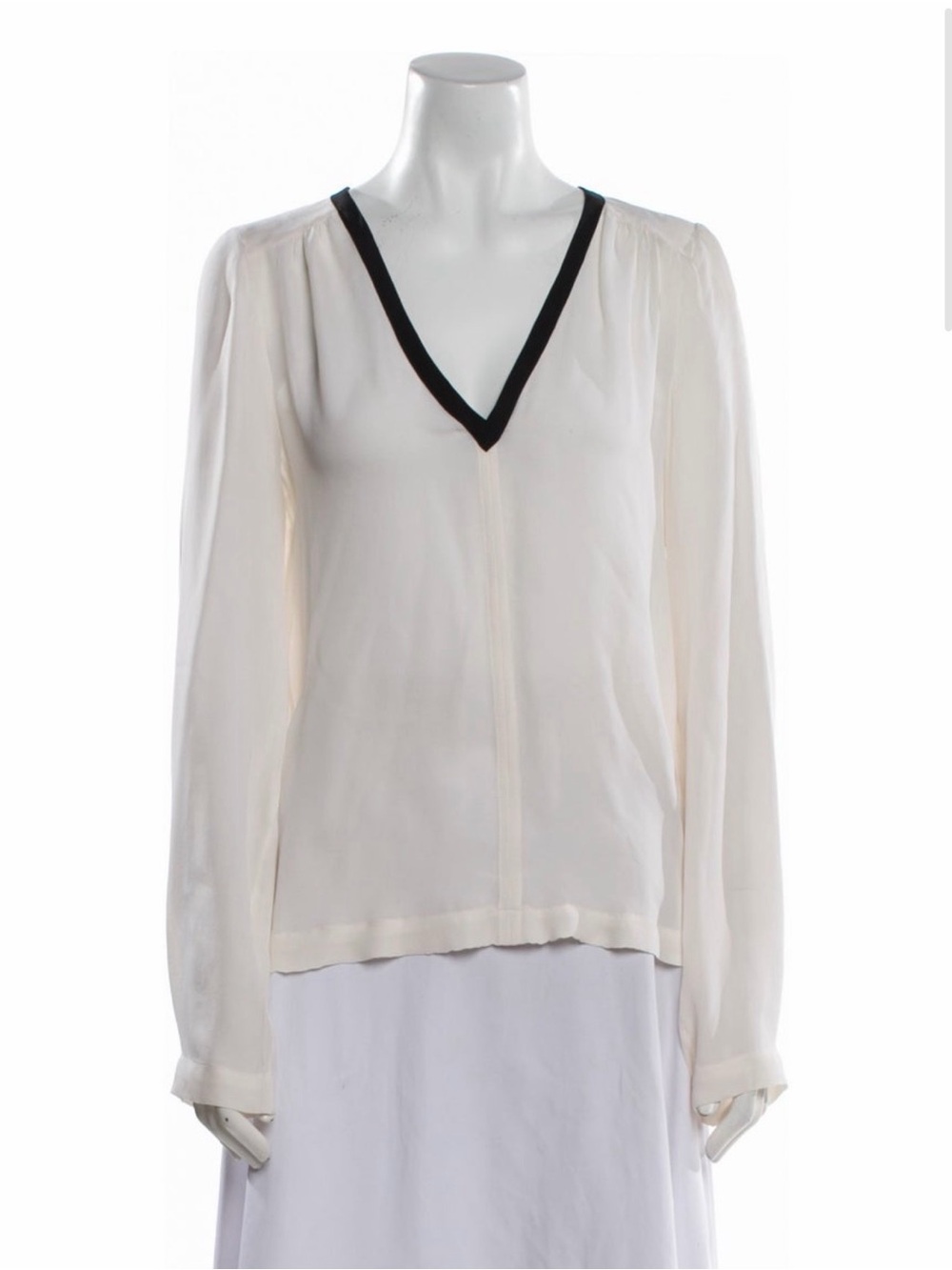 A.L.C. Cream V-Neck Long-Sleeve Silk Blouse with Black Trim